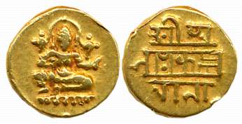 Vijaynagar Empire, Krishnadevaraya, Gold 1/2 Varaha- Hon, 1.66g, Obv: Seated Lord Balakris