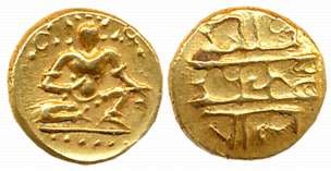 Vijaynagar Empire, Krishnadevaraya, Gold 1/2 Varaha- Hon, 1.69g, Obv: Seated Lord Balakris