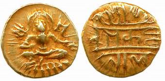 Vijaynagar Empire, Krishnadevaraya, Gold 1/2 Varaha- Hon, 1.67g, Obv: Seated Lord Balakris