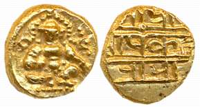 Vijaynagar Empire, Krishnadevaraya, Gold 1/2 Varaha- Hon, 1.68g, Obv: Seated Lord Balakris