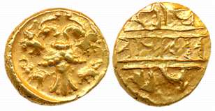 Vijaynagar Empire, Achyutadevaraya, Gold Pratap- 1/2 Hon, 1.70g, “Gandabherunda” type, Obv