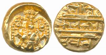 Vijaynagar Empire, Venkatapatideva raya-II, Gold Varaha- Hon, 3.42g, Obv: Lord Venkateshwa