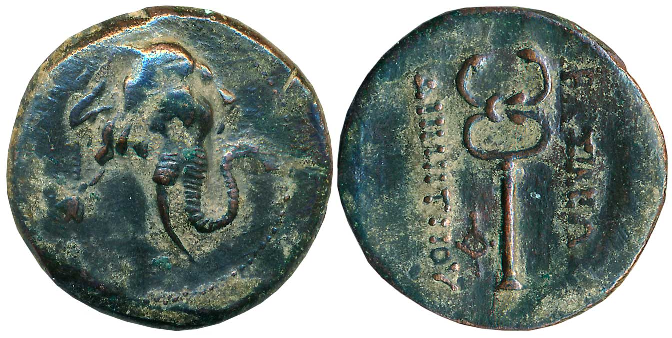 Graeco Baktrian, Demetrios Aniketos, Copper Trichalkon, 10.64g, Obv: Elephant head to righ