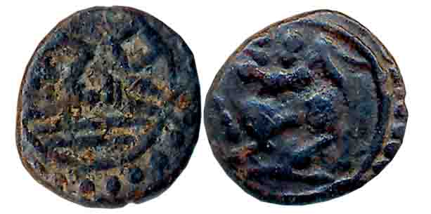 Venad Cheras, Copper, 1.22g, Obv: Lord Padmanabha- Ananthasayee Vishnu to left with Chakra