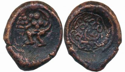 Nayakas of Madurai, Copper Kasu, 3.17g, Obv: Lord Hanuman facing left carrying Dronagiri M