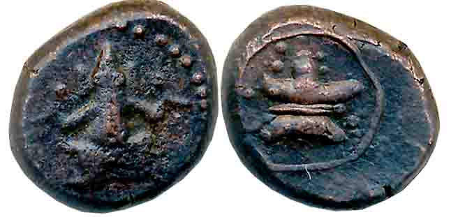 Nayakas of Tanjore, Copper Kasu, 3.08g, Obv: Lord Vinayaka- Ganapati seated facing front o