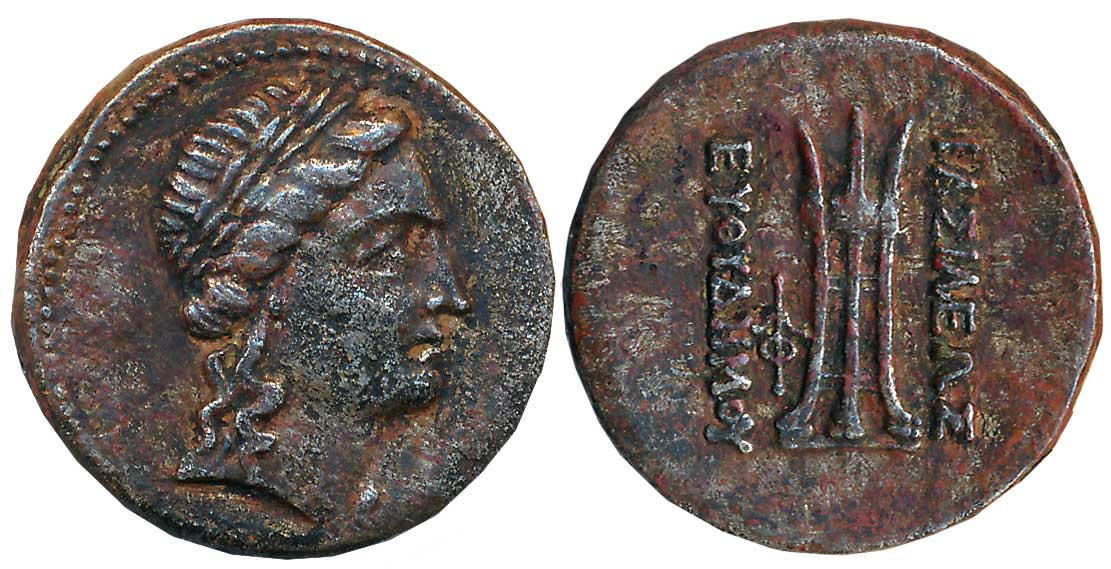 Graeco Baktrian, Euthydemos II, Copper Nickle Double Unit, 8.24g, Obv: Laureate head of Ap