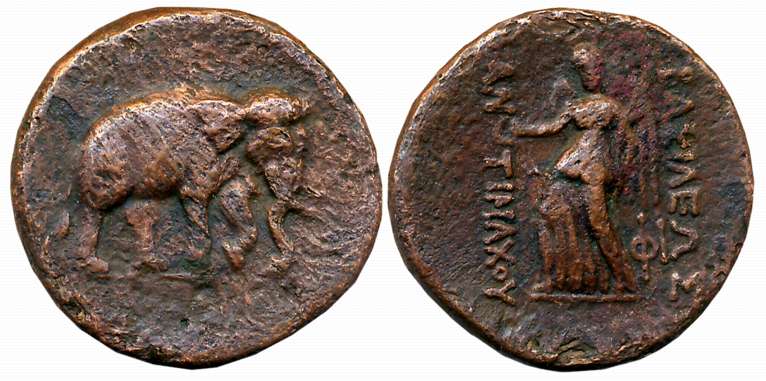 Graeco Baktrian, Antimachos I Theos, Bronze, 7.16g, Obv: Elephant advancing to right, Rev: