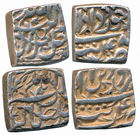Akbar, Silver Square Rupees (2), 11.29g, 11.40g, “Jalalahu” type, Tatta Mint, Ilahi Month 
