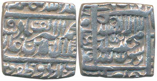 Akbar, Silver Square Rupee, 11.17g, Urdu Zafar Qarin Mint, Alf (1000) (KM# 82.8). Very fin