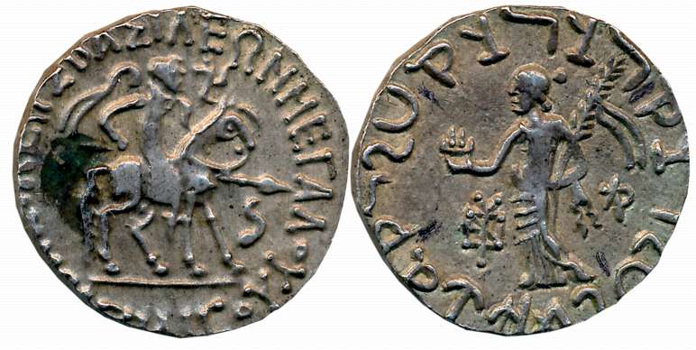Indo Scythian, Azes, Silver Tetradrachm, 9.65g, Obv: Armored King advancing right on horse