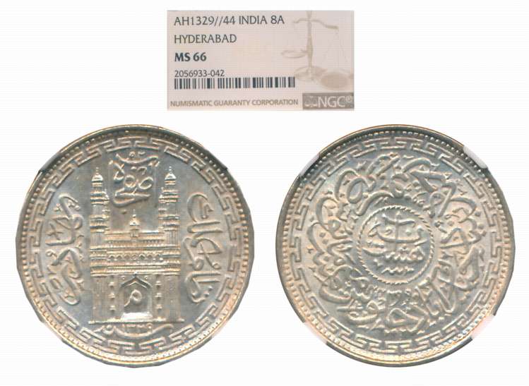 Mir Mahbub Ali Khan, Silver 8 Anna, AH 1329/ RY 44 (Y# 39.2). Slab & Graded by NGC as MS 6