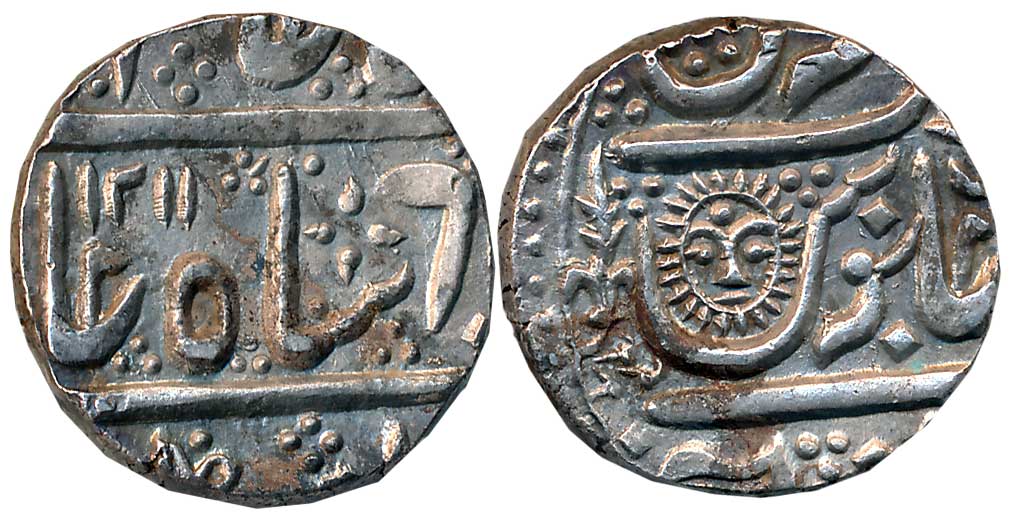 Tukoji Rao, Silver Rupee, 11.11g, Sun face, in the name of Shah Alam II, AH 1211 (KM# 76).