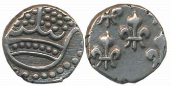 Pondicherry, Silver Fanon, 1.49g, Obv: Pearled crown, Rev: Fleur-di-lis (KM# 44). About ex