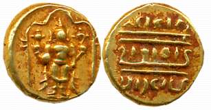 Gold 1/2 Pagoda, 1.68g, Pulicat, Obv: Lord Venkateshwara, standing within a decorated fram