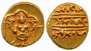 Gold 1/2 Pagoda, 1.73g, Pulicat, Obv: Lord Venkateshwara, standing within a decorated fram