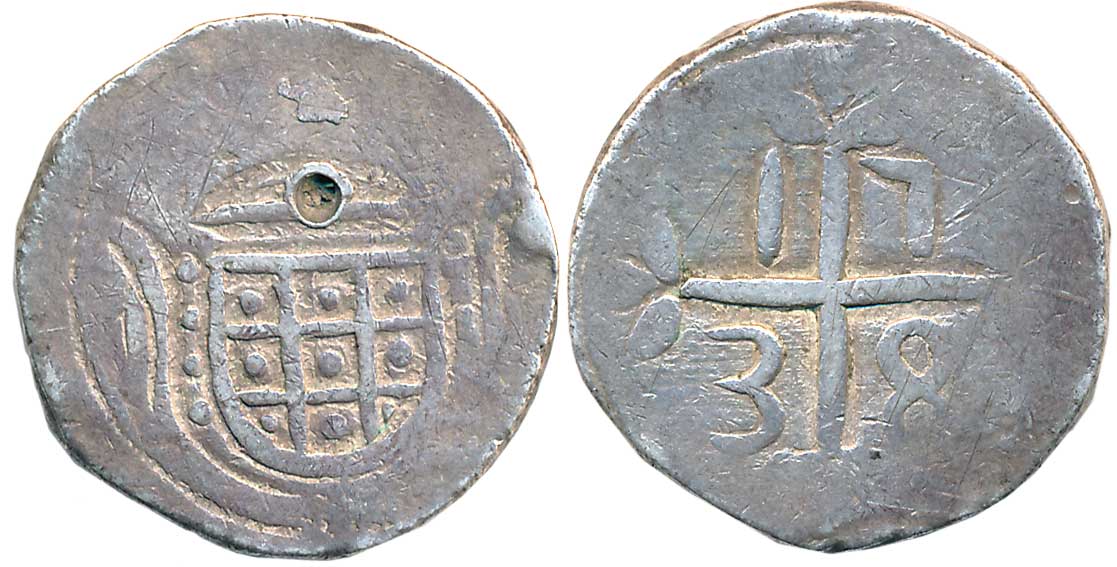 Diu, D. Joao V, Silver Xerafim, 11.81g, 1738, Obv: Crowned arms divide DO in plain circle,