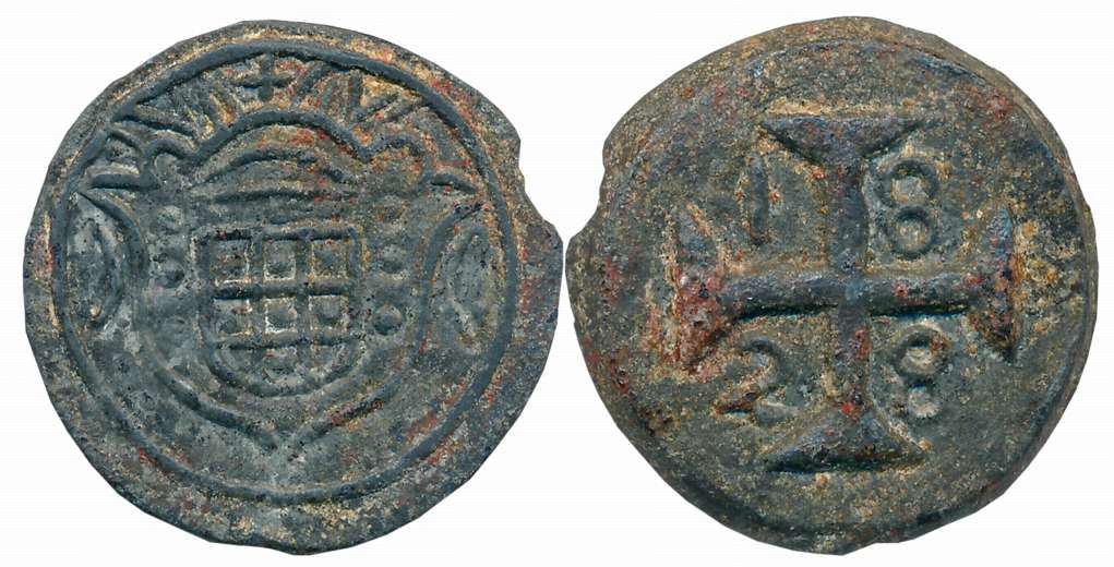Diu, D. Pedro IV, Zinc 20 Bazarucos, 18.46g, 1828, Obv: Crude crown arms, Rev: Date in ang