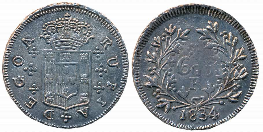 Goa, D Maria II, Silver 600 Reis Pattern, 9.46g, 1834. Extremely fine+, extremely rare.