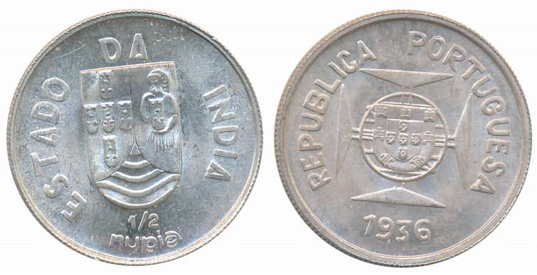 Republic Silver, 1/2 Rupia, 1936, Obv: Shileld on lined circle at centre of Maltese cross,