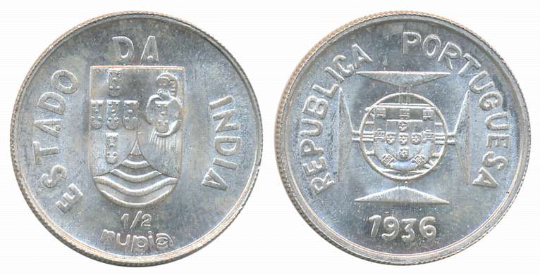 Republic Silver, 1/2 Rupia, 1936, Obv: Shileld on lined circle at centre of Maltese cross,