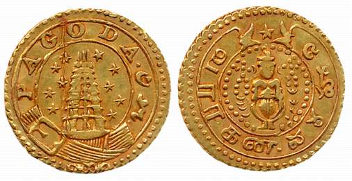Gold 1 Pagoda, 2.96g, ND, 1808 issue, Obv: Pagoda- Gopuram within circle, 9 stars on both 