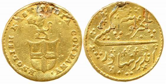Gold 1/3 Mohur (5 Rupees), 3.74g, Undated (1820 AD), Obv: Company arms without supporters 