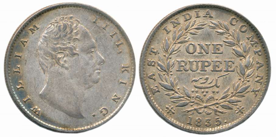 William IIII, Silver Rupee, 1835, RS incused, thin lettering, Calcutta Mint, Obv: Crowned 