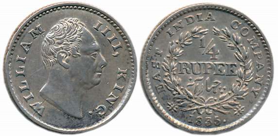 William IIII, Silver 1/4 Rupee, 1835, Bombay Mint (ICB# 315, KM# 448.6). Extremely fine.