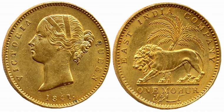 Victoria Queen, Gold Mohur, 11.65g, 1841, Divided legend, Calcutta Mint, W. W. incused, Ob