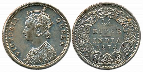 Victoria Queen, Silver 1/4 Rupee, 1874, Bombay Mint, Obv: Crowned bust to left, Rev: Denom