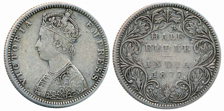 Victoria Empress, Silver 1/2 Rupee, 1877. Very fine.