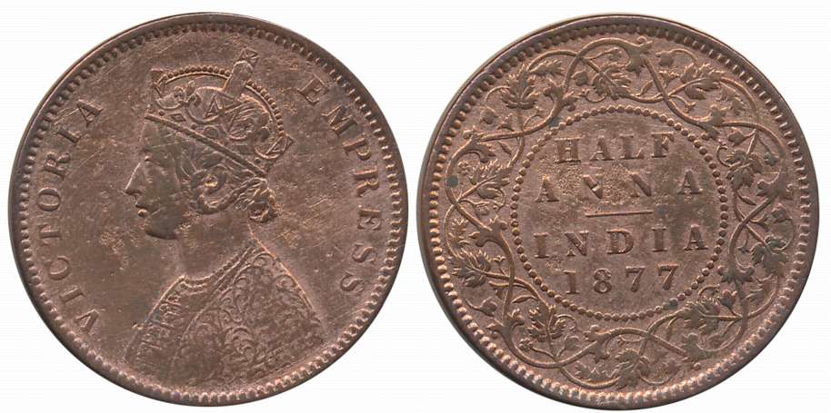 Victoria Empress, 1877, Copper 1/2 Anna, 12.66g. About extremely fine.