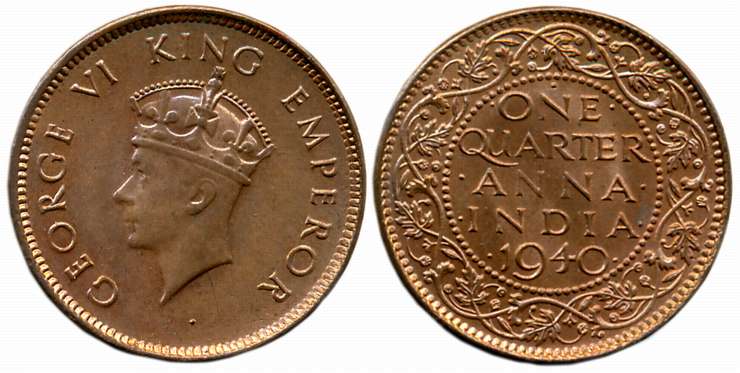 George VI, Bronze 1/4 Anna, 1940, 1st Head, Bombay Mint, Obv: Crowned bust to left, Rev: D