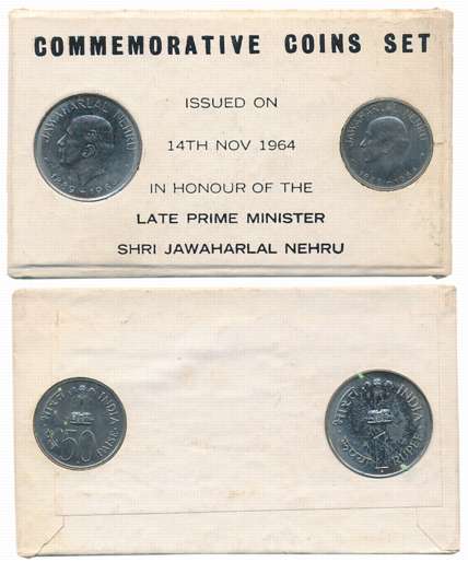 1964, Proof Set of 2, “Jawaharlal Nehru”, Rupee 1 & 50 Paisa, Bombay Mint (RB# 8). Without