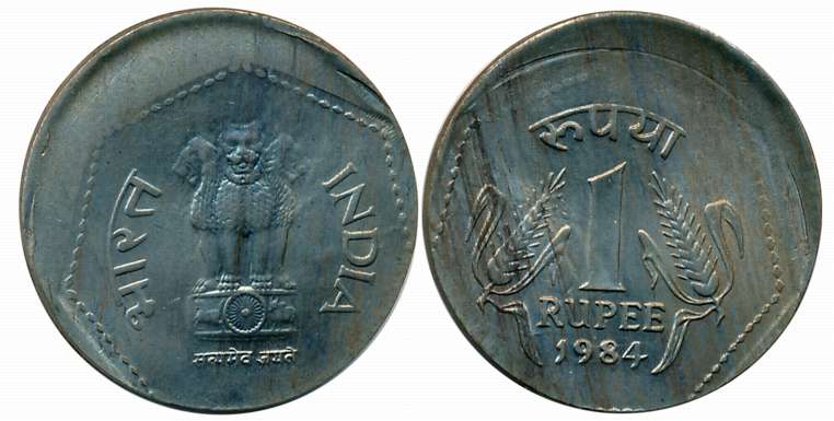 1984, 1 Rupee, Copper, Error- Extra Metal, Obv: Ashoka Pedestal, Rev: Value & Year (S. Red
