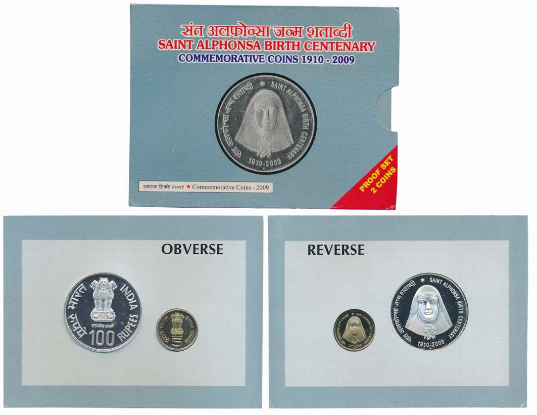 2009, Proof Set of 2, Rupees 100 & 5, “Saint Alphonsa Birth Centenary” Mumbai Mint (RB# 35
