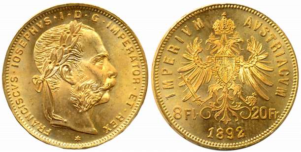 Austria, Gold 20 Francs, 6.45g, 1892, Obv: Laureate head of Emperor Franz Joseph I, Rev: A