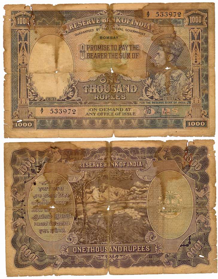 George VI, Rupees 1000, Type 4.8, Bombay Circle, Signed J.B. Taylor, Prefix A/7 (R IPM # 4