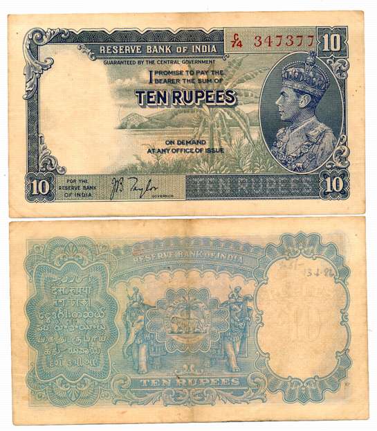 George VI, Rupees 10, 1st issue, Type 4.5, Signed J. B. Taylor, Prefix C/74 (R IPM# 4.5.1)