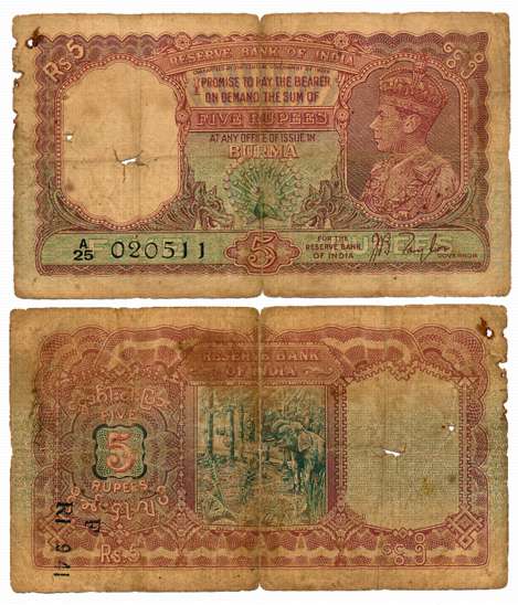 Burma Reserve Bank of India, George VI, Rupee 5, Type 5.4, Signed J. B. Taylor, Prefix A/2