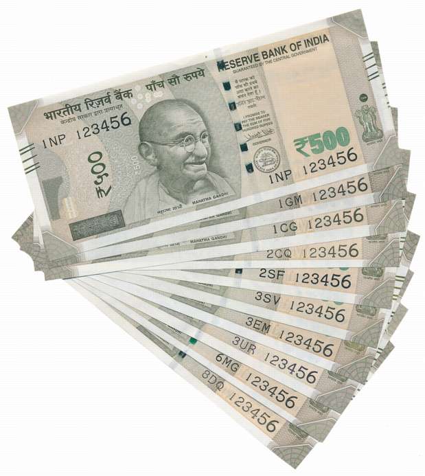 Rupees 500 (10), Fancy number- 123456, Signed Urjit R. Patel, Prefix 1/NP,1/GM,1/CG,2/CQ,2