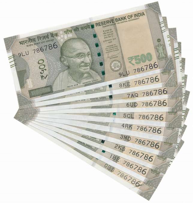 Rupees 500 (10), Fancy number- 786786, Signed Shakti Kanta Das & Urjit Patel, Prefix 0/BS,