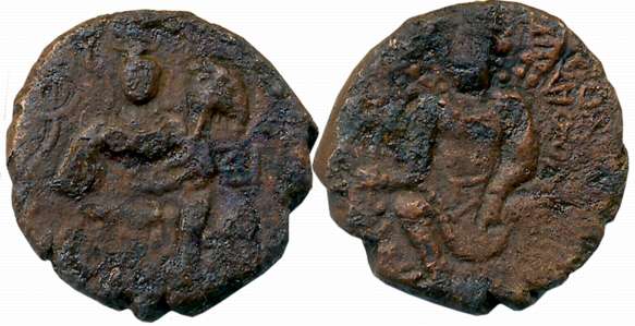 Kidarite Huns, Copper Unit, 5.17g, Seated King type, Obv: Diademed and ornamented seated k