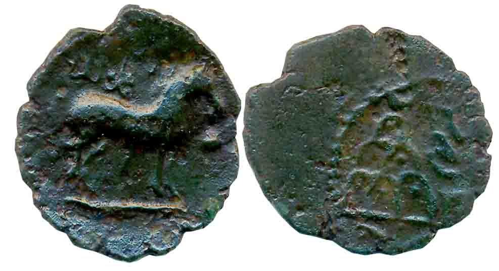 Hiranyakas, Potin, 2.31g, “Horse” type, Obv: Horse standing facing right, Shrivatsa above 