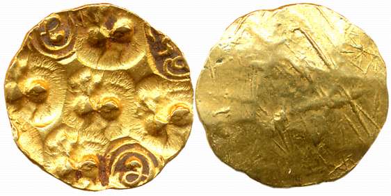 Chalukyas of Kalyani, Gold Punch Marked Gadyana, 3.78g, Uniface, 8 Punches type, with cent