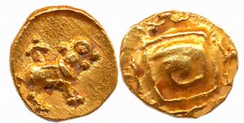 Silaharas of Kolhapur, Anonymous, Gold 1/2 Fanam, 0.27g, Obv: Dynastic emblem ‘Boar facing