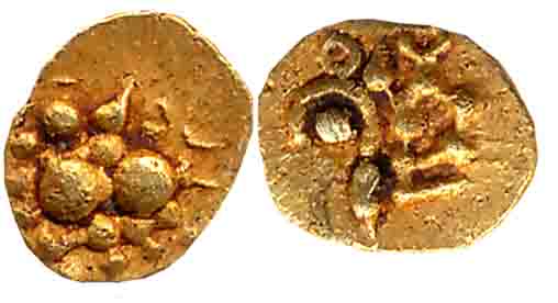 Nolambas of Nolambavadi, Anonymous, Gold 1/4 Fanam, 0.08g, Obv: Caparisoned Nandi seated c
