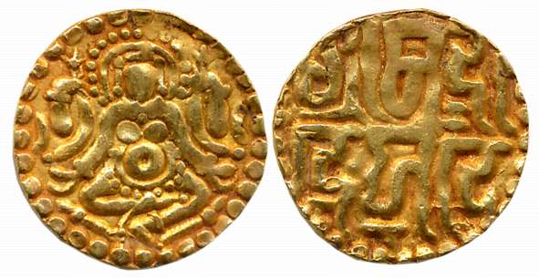 Kalachuris of Tripuri, Gangeya Deva, Gold 4 1/2 Masha, 4.00g, Obv: Goddess Lakshmi seated 