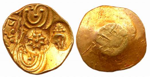 Yadavas of Devagiri, Bhillama V, Gold Padma Tanka, 3.80g Uniface, Six punches – 1 x Lotus 